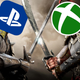 Two large warriors clash with swords.